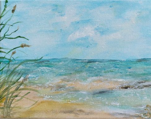 Acrylgemälde von Enthousio-Art. Kleines Strandgemälde Nordsee in den Farben Blau und Grün