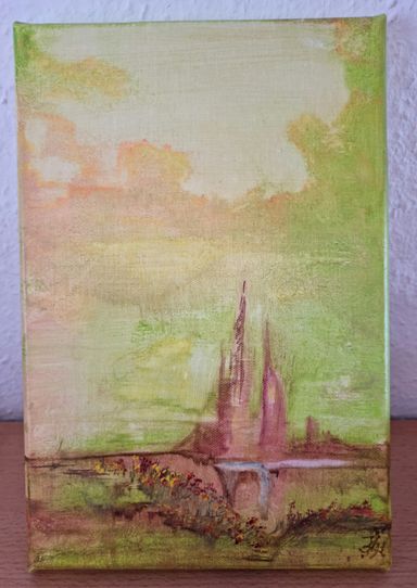 Ein Acrylgemälde von Enthousio-Art - Kathi Hildebrandt, in lebendigen Grün-, Braun- und Orangetönen mit Gelb. Eine abstrakte Hochburg.